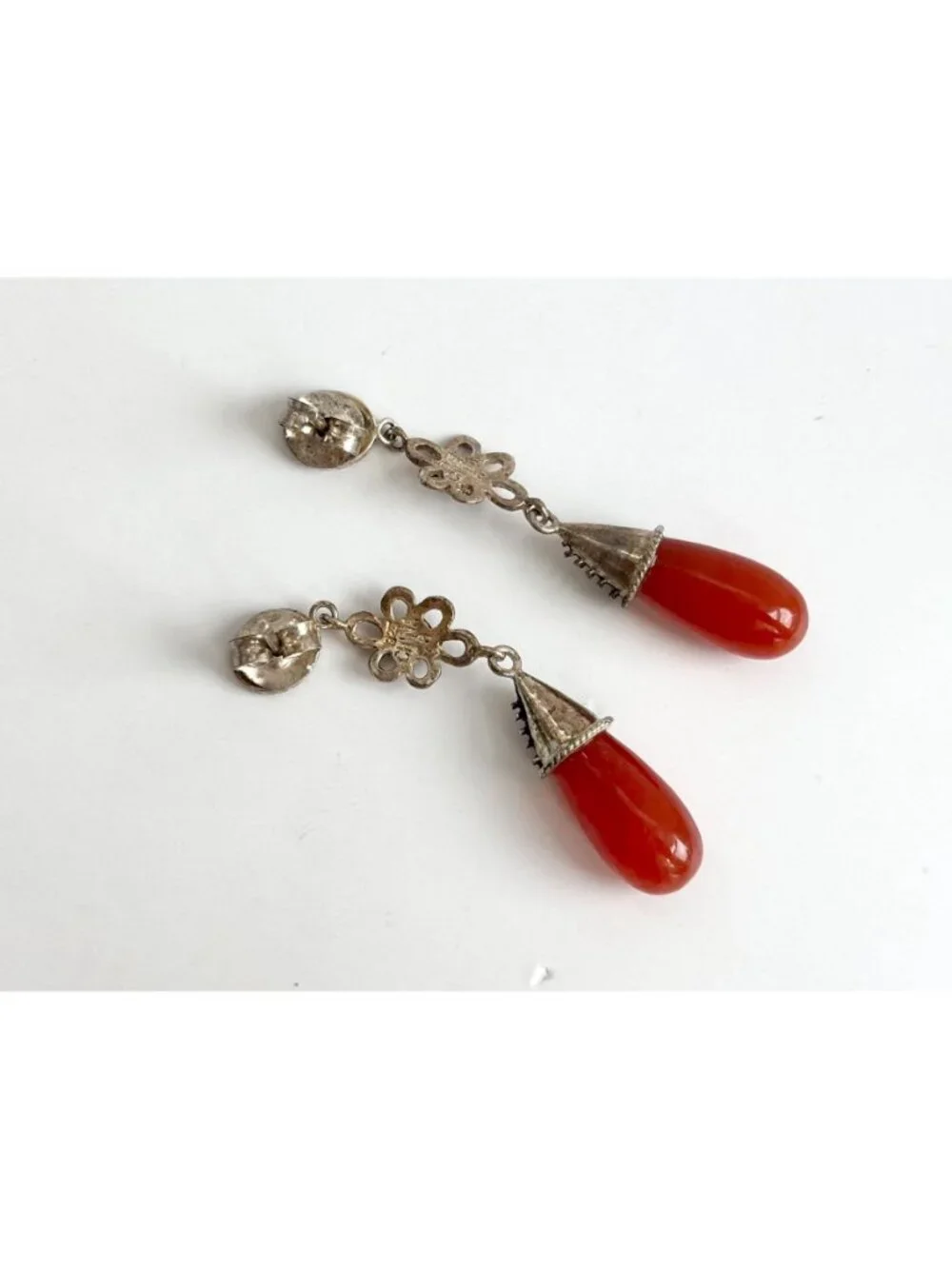 Art Deco Red Coral & Marcasite Floral Teardrop Vintage Sterling Silver Earrings